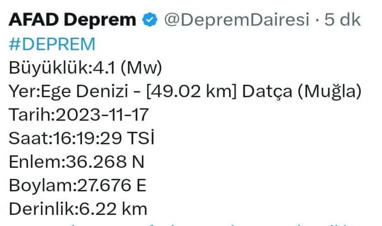 DATÇA AÇIK­LA­RIN­DA 4,1 BÜ­YÜK­LÜ­ĞÜN­DE DEP­REM!
