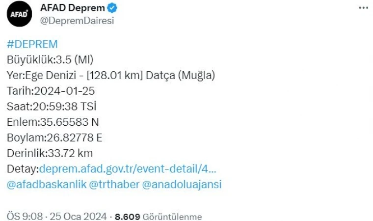Datça'da 3.5 büyüklüğünde deprem!