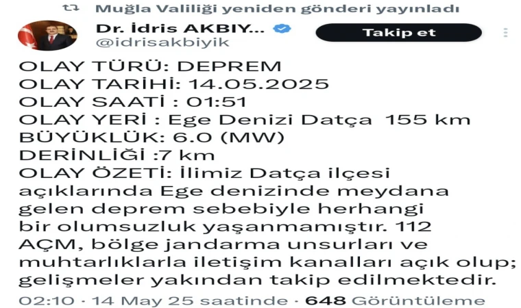 GÜNCELLEME - Datça açığı Akdeniz'de 6,0 büyüklüğünde deprem' e MUĞLA VALİSİNDEN AÇIKLAMA