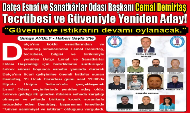 Datça Esnaf ve Sanatkârlar Odası Başkanı Cemal Demirtaş Tecrübesi ve Güveniyle Yeniden Aday!