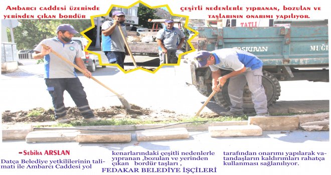 AMBARCI CADDESİNDE YIPRANAN BORDÜR TAŞLARININ ONARIMI YAPILIYOR