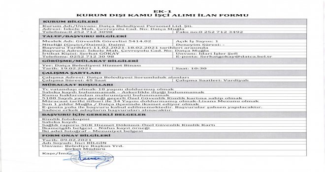 DATÇA BELEDİYESİ GÜ­VENLİK GÖ­REVLİSİ ALA­CAK 