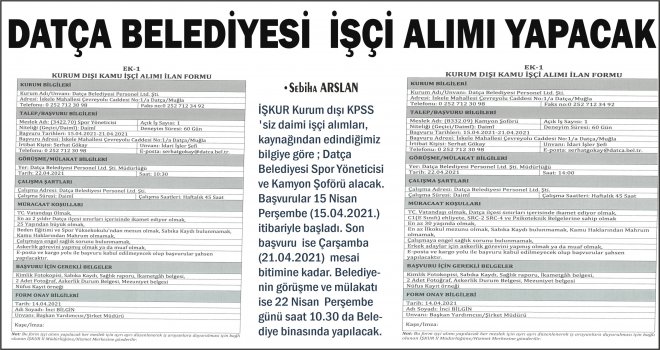 DATÇA BELEDİYESİ İŞÇİ ALIMI YAPACAK