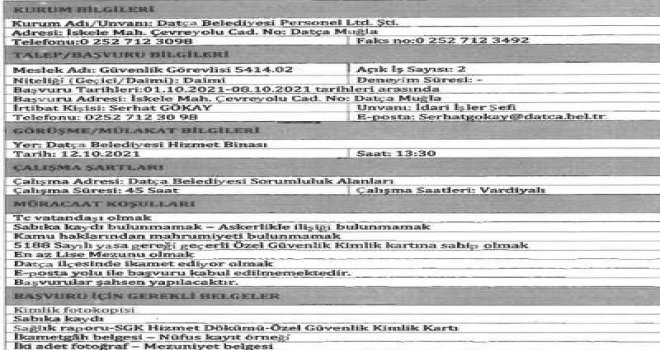 DATÇA BELEDİYESİ EN AZ LİSE ME­ZU­NU GÜ­VENLİK GÖ­REVLİSİ ALA­CAK
