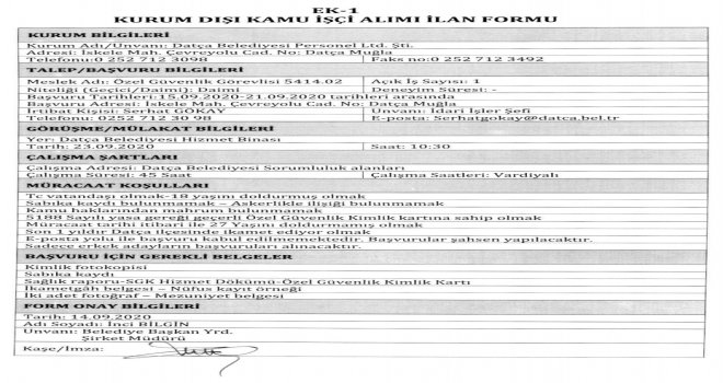 DATÇA BELEDİYESİ GÜ­VENLİK GÖ­REVLİSİ ALA­CAK! SON BAŞ­VU­RU TARİHİ 21.09.2020