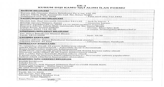 DATÇA BELEDİYESİ, ÖZEL GÜVENLİK VE BEDEN İŞÇİSİ ALIMI YAPACAK! BAŞVURU TARİHİ ; 09/11/2020 – 13/11/2020 ARASI