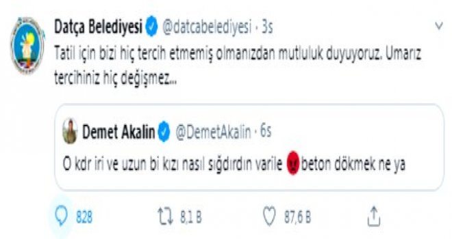 DATÇA BELEDİYESİ'NDEN ŞAR­KI­CI DEMET AKA­LIN'IN, PINAR GÜL­TEKİN PAY­LA­ŞI­MI­NA TEPKİ